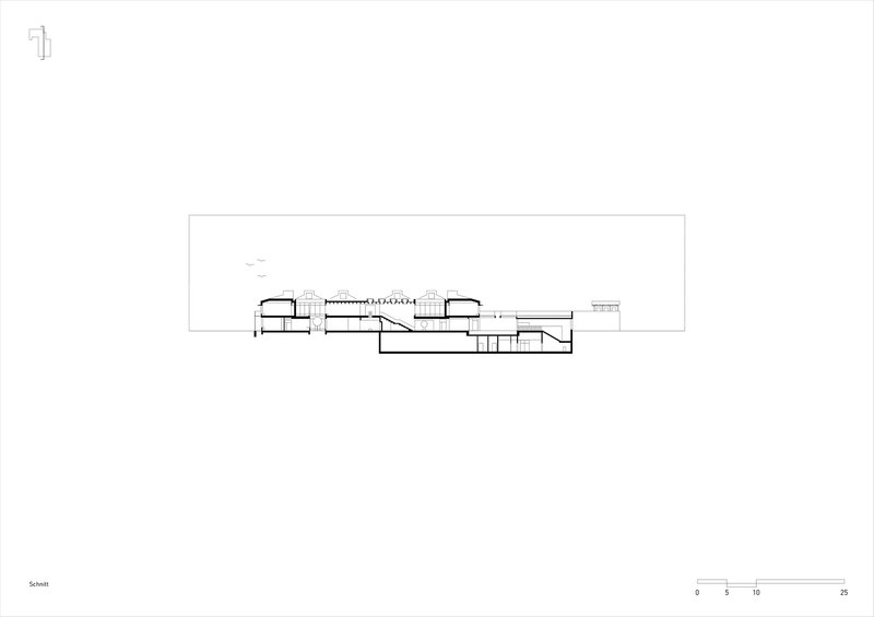 Section drawing revealing varied ceiling heights across connected volumes with stepped levels and vaulted spaces