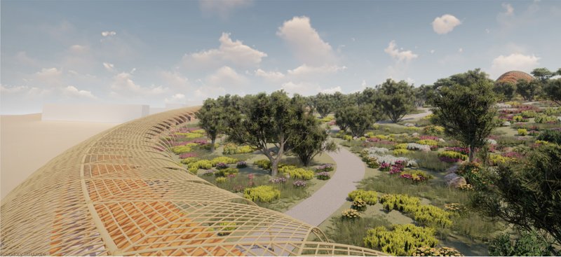 Restored forest gardens enclosed by a woven bamboo canopy create a peaceful sanctuary where ecology, community, and spirituality converge.