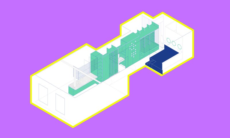 Isometric drawing showing storage volumes in green and sleeping area in blue within yellow perimeter
