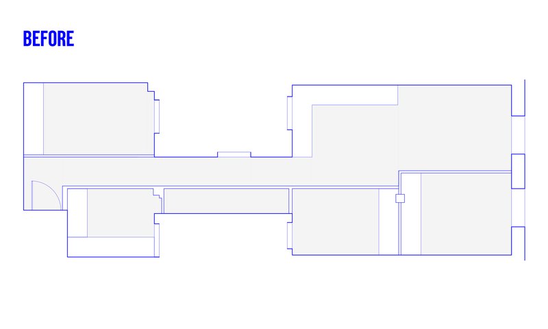 Floor plan drawing of the existing layout before renovation with empty room divisions