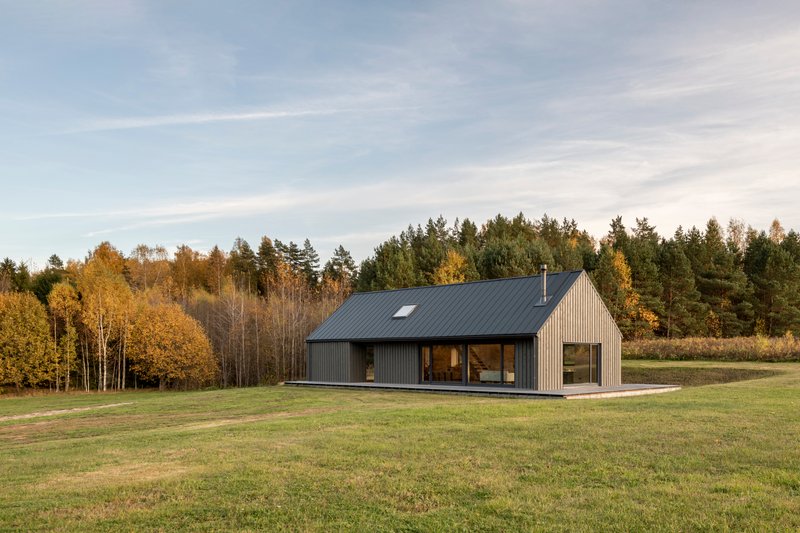 Vertical wood-clad gabled house with dark metal roof on a meadow in autumn light
