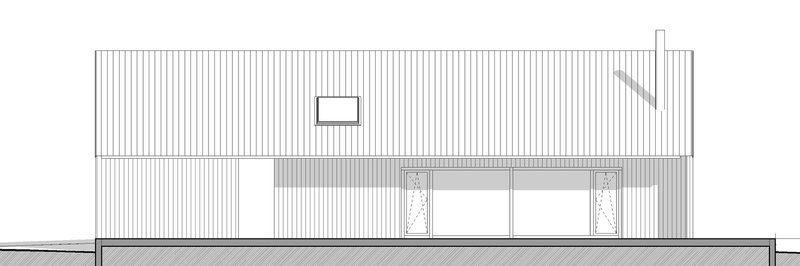 Elevation drawing of the long facade with vertical cladding and three window openings below a clerestory
