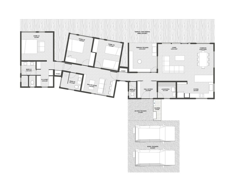 Floor plan drawing showing an angled linear arrangement of rooms with covered terraces at one end
