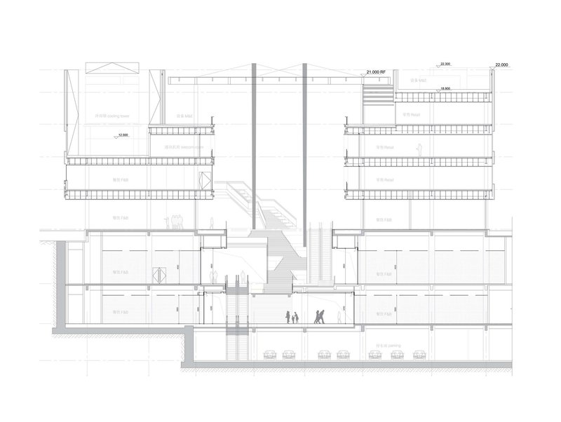 Section drawing showing stacked floor plates with central atrium and figures at ground level