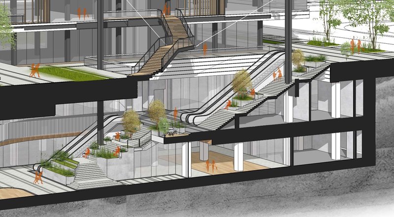Section drawing showing cascading levels with planted terraces and zigzagging stairs connecting interior spaces