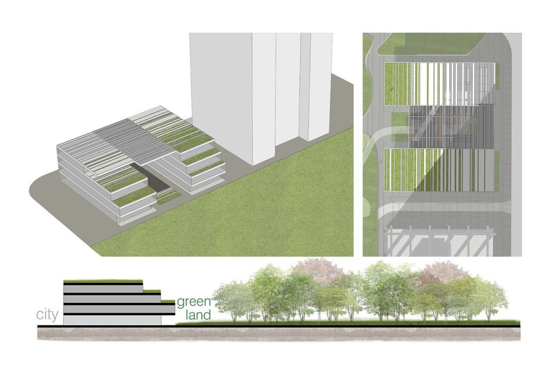 Axonometric and elevation drawings illustrating the terraced roof planes with integrated green roofs and tree rows