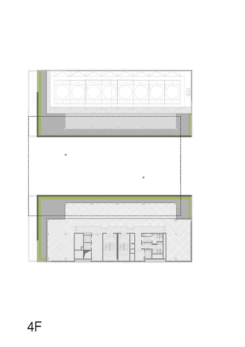 Floor plan depicting upper level with rooftop terrace featuring circular elements and enclosed core spaces below