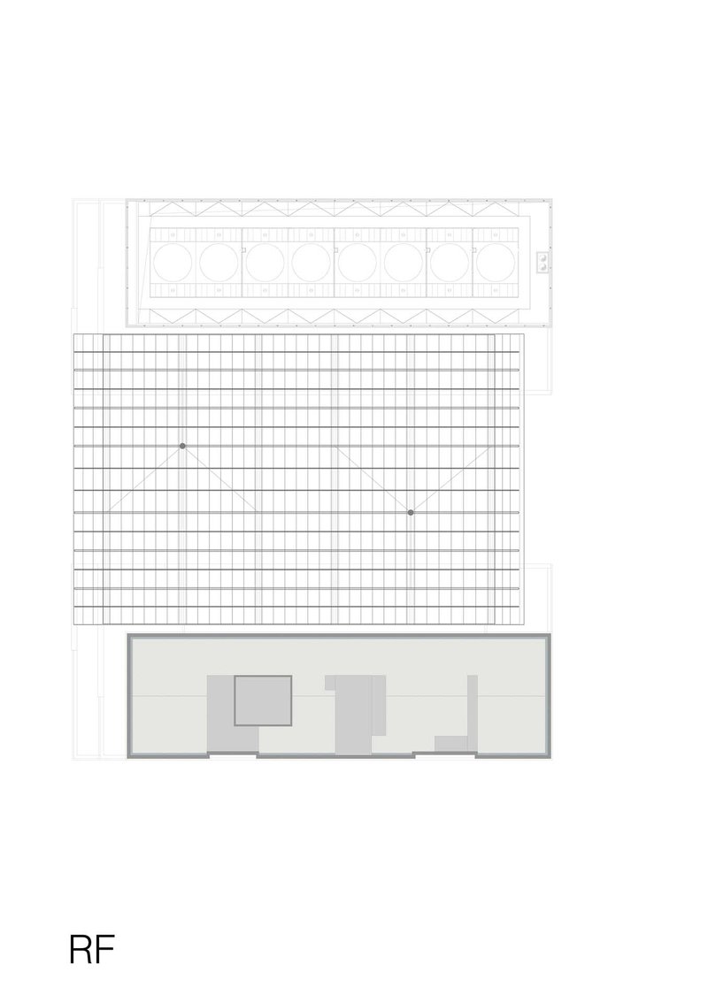 Roof plan showing grid of circular mechanical units and ventilation strip along one edge