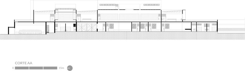 Section drawing AA showing interior spaces with varying ceiling heights and clerestory windows above
