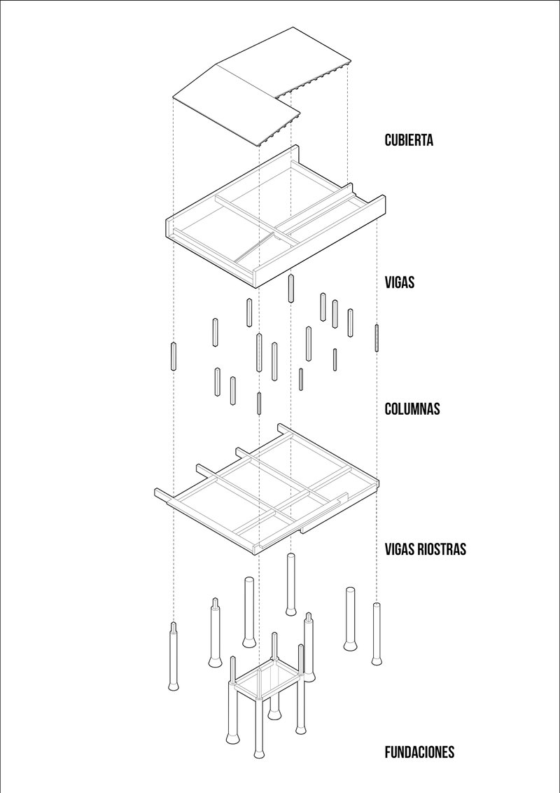 Exploded axonometric drawing showing the roof, beams, columns and foundation layers of the structure