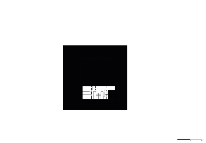 Floor plan drawing showing a staircase and adjoining room layouts in line work