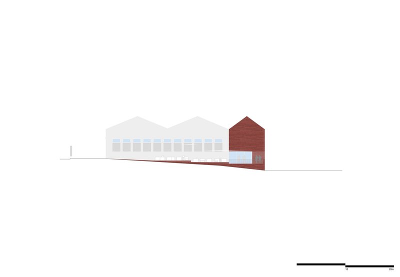 Elevation drawing showing a dark red gabled volume adjacent to white warehouse structures with rhythmic fenestration