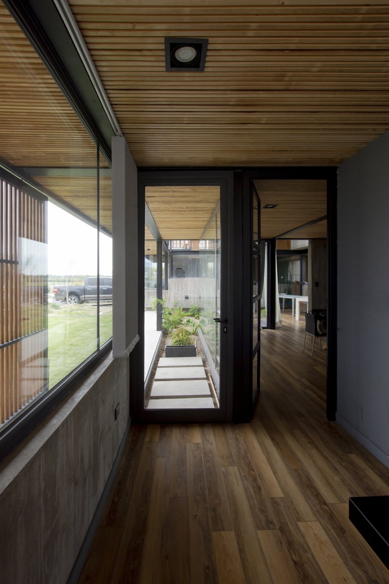 Interior corridor with slatted timber ceiling, black-framed glazing, and a view through to a planted courtyard