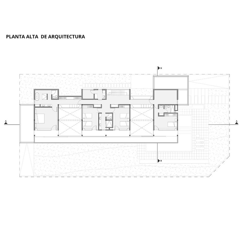 Upper floor plan drawing showing bedroom zones arranged along a linear corridor