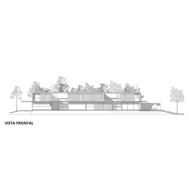 Front elevation drawing showing a horizontal two-story volume with vertical slat screens and surrounding trees