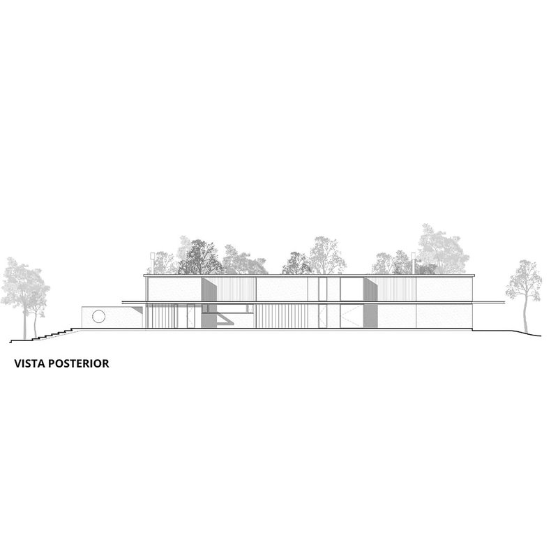 Rear elevation drawing showing a two-story residence with vertical slat screens and mature trees
