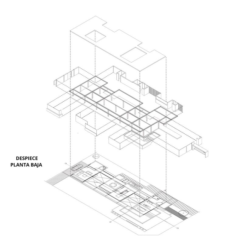 Exploded axonometric drawing showing the lower level floor plan separated from the structural frame above