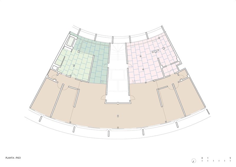 Floor plan drawing with color-coded zones indicating different material or programmatic areas
