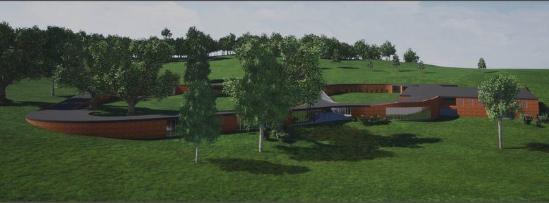 Aerial view highlighting the flowing architectural form that connects conservation, education, and animal care.