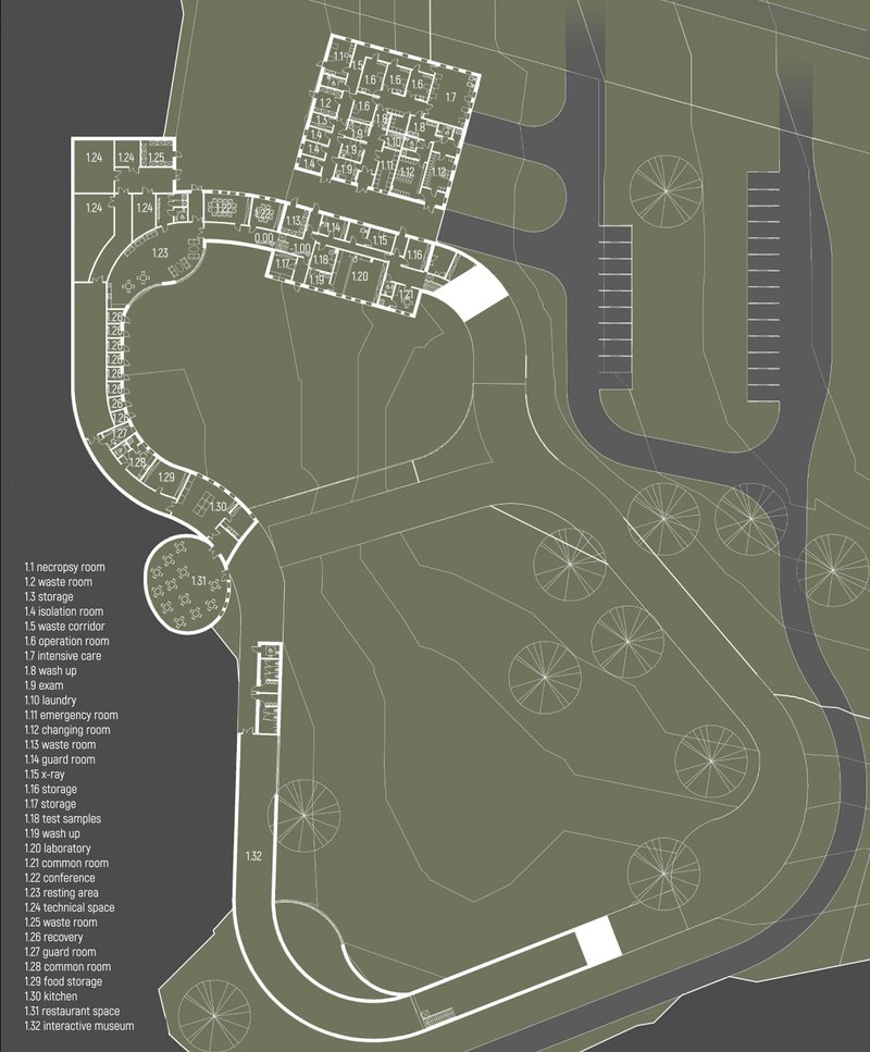 Detailed floor plan illustrating the integrated veterinary hospital, rehabilitation facilities, museum, and visitor circulation path.