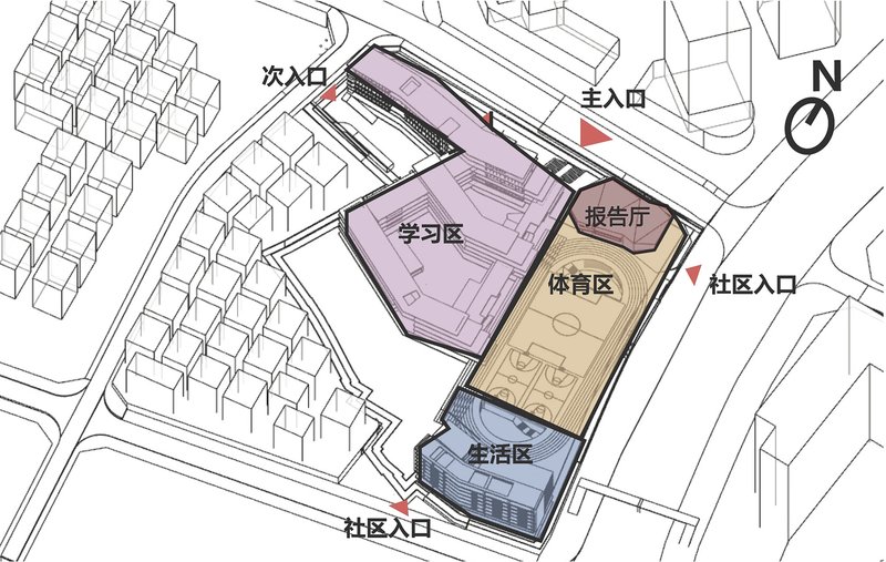 Axonometric site plan with color-coded program zones in purple, beige, and blue surrounding a central courtyard