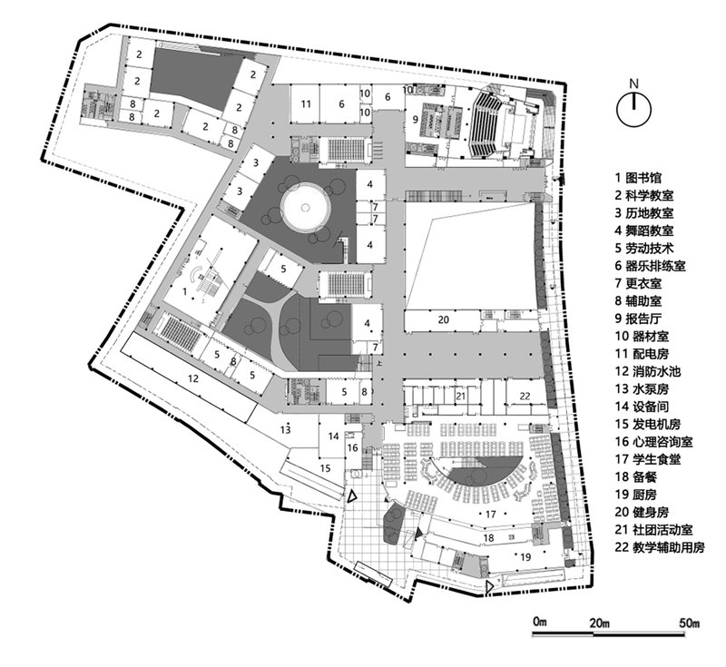 Floor plan with central circular element and numbered rooms radiating around darker gray gathering spaces