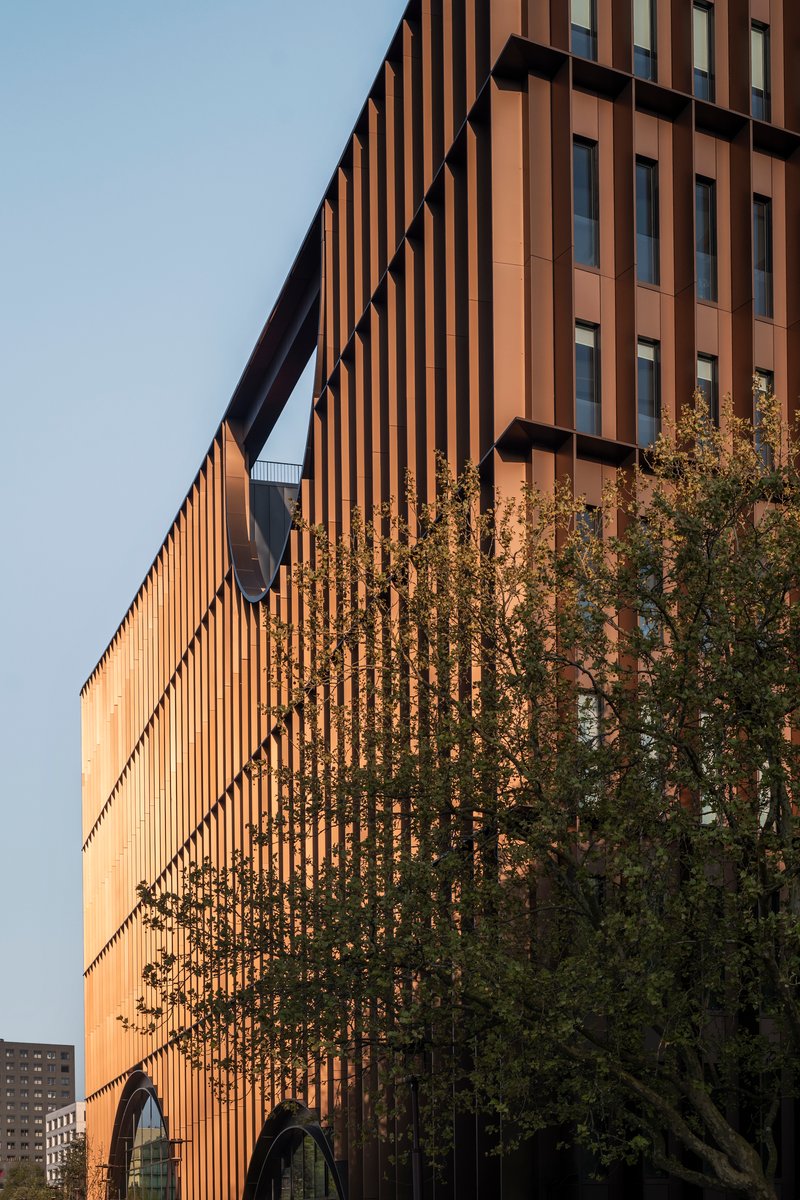 Angled view of the vertical slat facade with a tree partially obscuring the arched entry