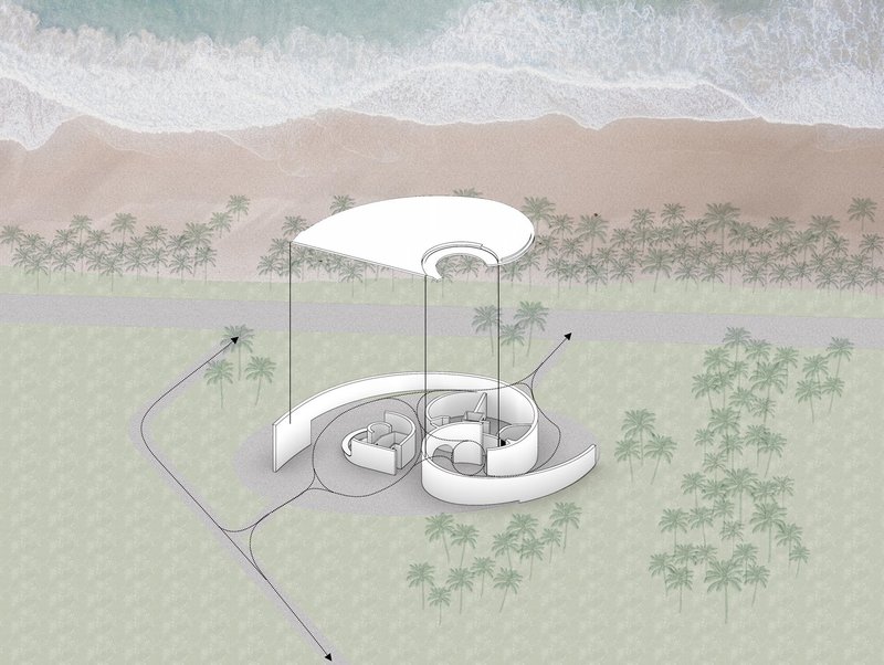 Axonometric drawing showing the curved roof canopy and circular interior volumes adjacent to a beach