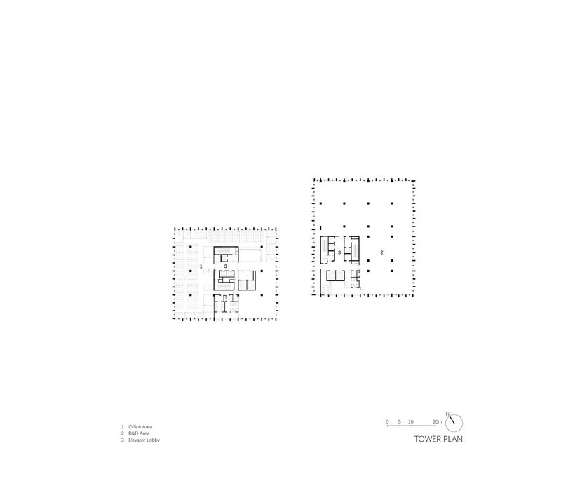 Tower floor plan drawing showing symmetrical office and elevator lobby layouts around a central core