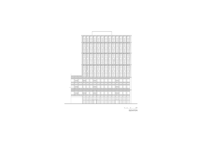 Elevation drawing showing a tower with a gridded facade and projecting upper volume