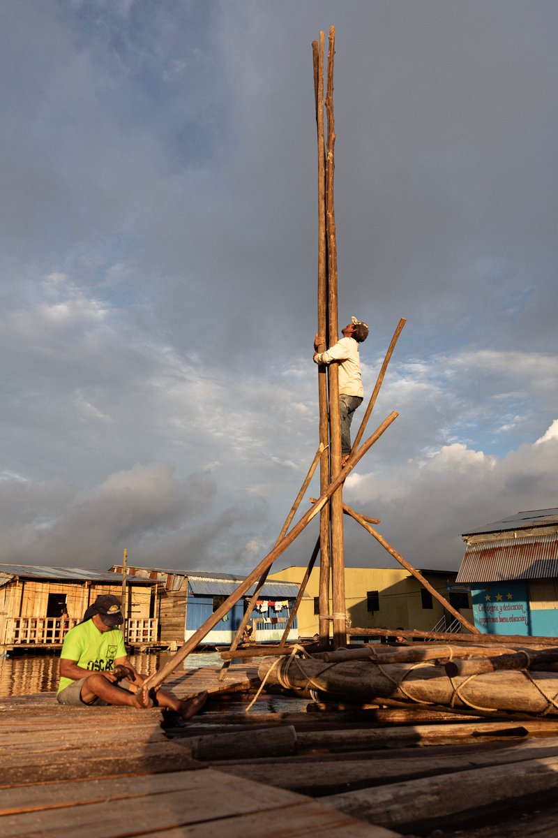 Timber tripod structure being erected on a floating bamboo platform at golden hour