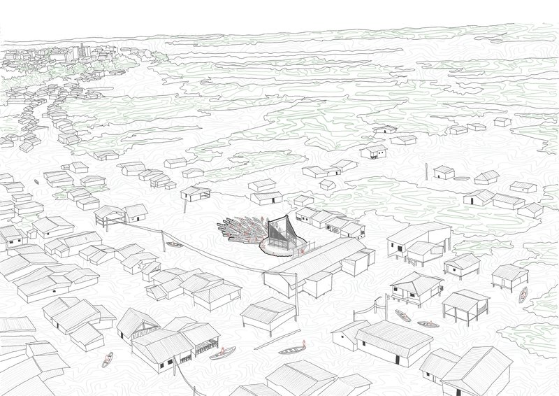 Aerial axonometric drawing of a circular pavilion with radiating canoes in a sparse village landscape