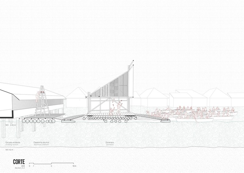 Section drawing depicting the pavilion with a triangular sail-like panel and bleacher seating facing the water