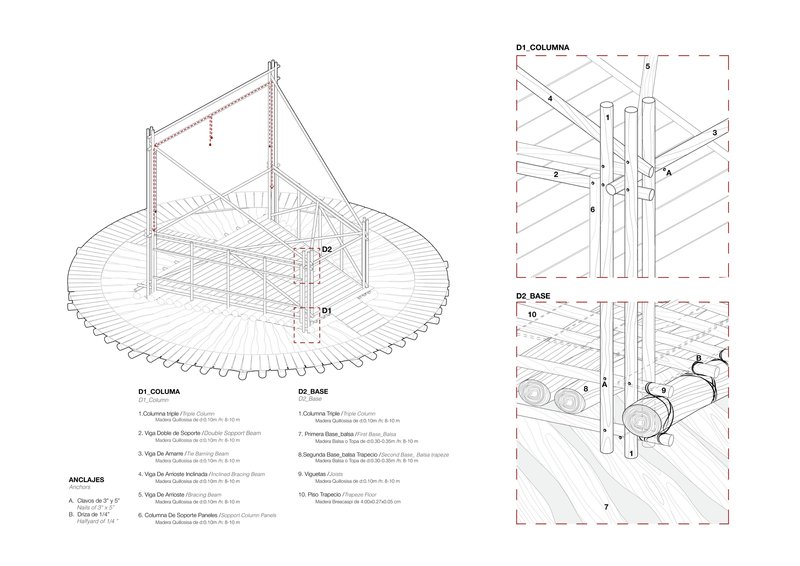 Isometric construction detail drawing of column connections and base anchoring system with timber decking and cable supports