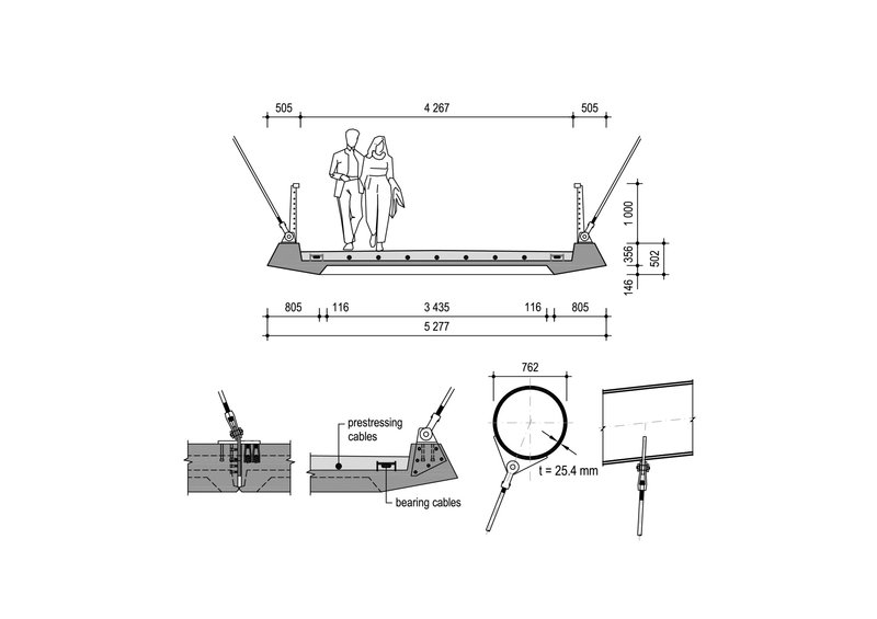Detail section drawings of the deck structure with prestressing cables and bearing cable connections