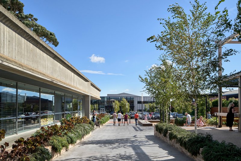 Pedestrian plaza with planted beds and young trees connecting concrete canopy structure to distant building volumes