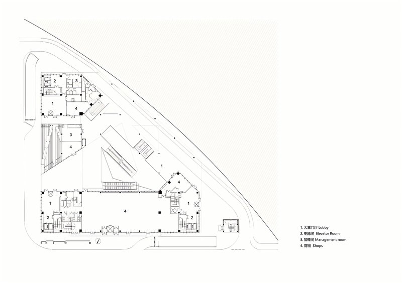 Floor plan drawing showing triangular site with large central atrium space and angled perimeter circulation paths