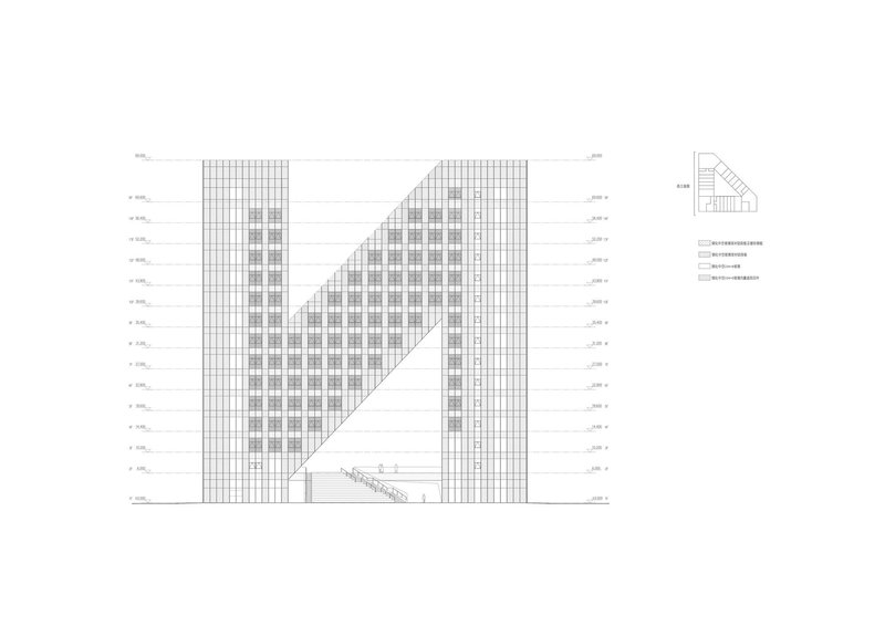 Elevation drawing of a tall gridded tower with a diagonal cut revealing an interior staircase
