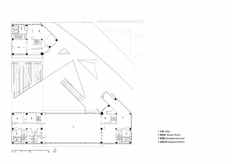 Ground floor plan drawing showing lobby and service areas within an angular footprint
