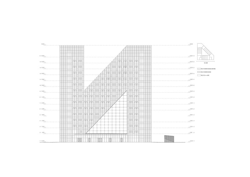Elevation drawing depicting a tower with gridded facade and diagonal glazed plane alongside adjacent low structure