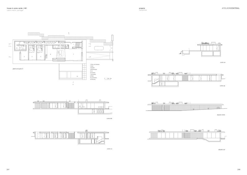 Floor plan and elevation drawings showing a linear structure with terraced volumes