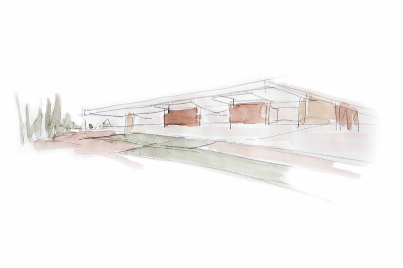 Watercolor sketch showing a low-slung pavilion roof sheltering glazed volumes beside a reflecting pool