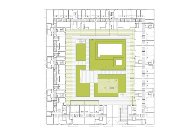 Floor plan drawing showing residential units ringing a central courtyard with landscaped zones in green