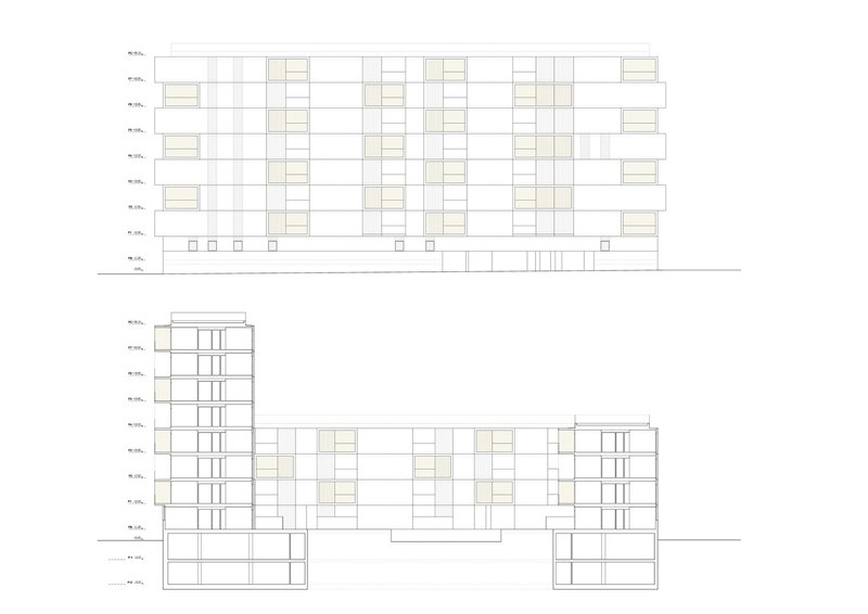 Elevation and section drawings showing the facade grid and interior floor levels with balconies