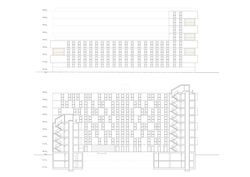 Elevation drawings showing a multi-story residential block with repetitive window pattern and projecting balconies at each end