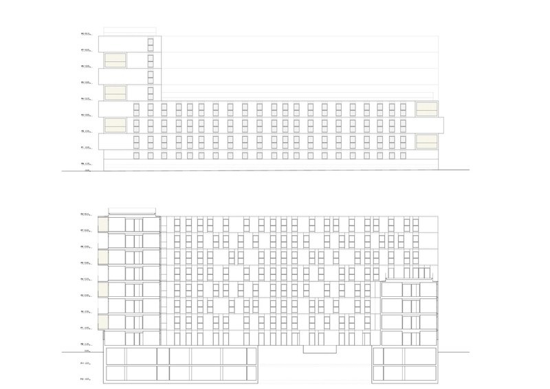 Elevation drawings depicting the facade grid of a housing block with symmetrical tower elements at both edges