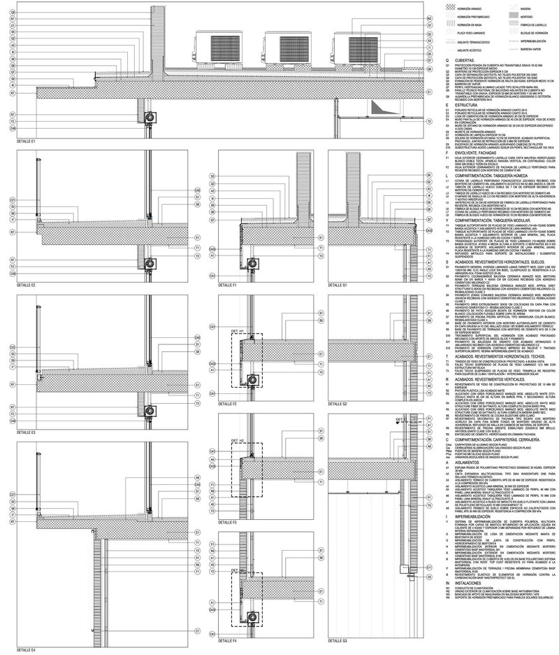 Construction detail sections illustrating wall assemblies, floor slabs, and technical specifications with extensive annotation