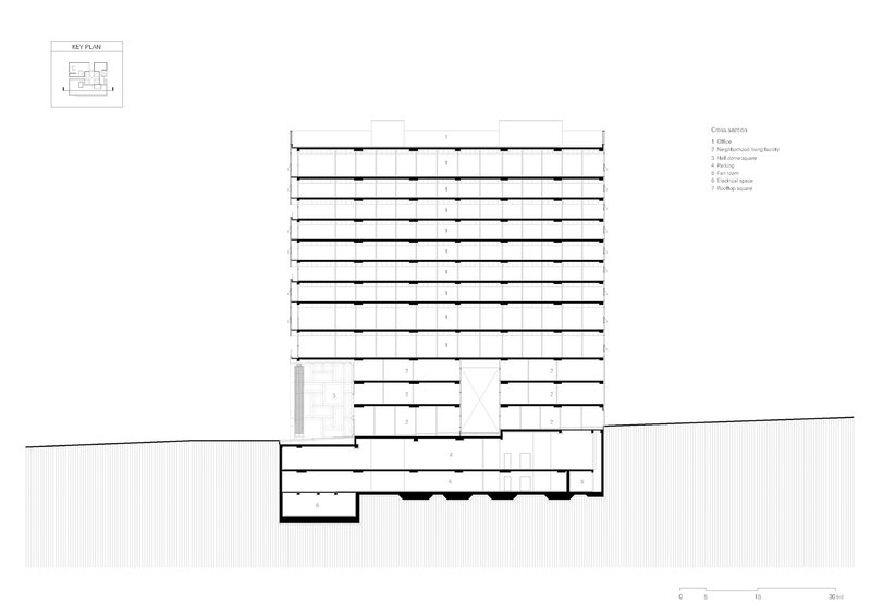 Section drawing showing a stepped tower with horizontal floor plates above a ground-level base