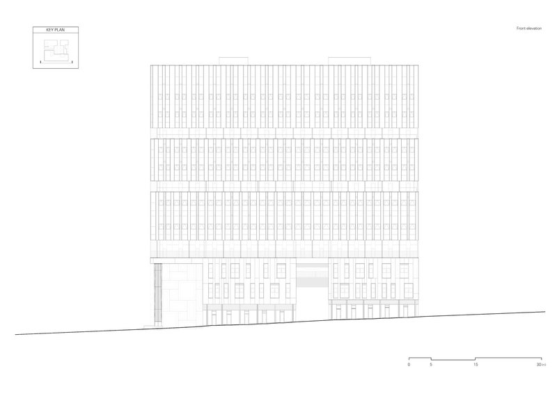 Front elevation drawing showing a tall tower with vertical facade lines above a fenestrated podium