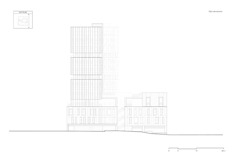 Right side elevation drawing showing a slender tower stepping back from adjacent lower-rise buildings